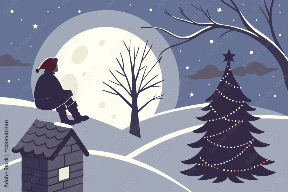 Fototapeta premium 100 winter night landscape, chimney with person sitting on top, starry night sky, full moon, christmas tree, magical, cinematic, fantasy, digital art