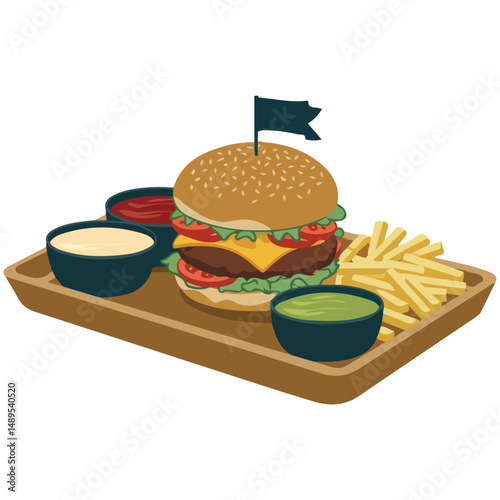 Giant juicy burger with side of golden fries isolated vector illustration on white background