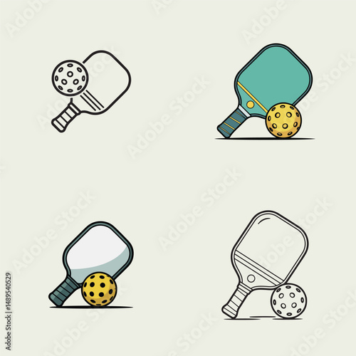 Four colorful and line art illustrations depicting pickleball equipment and sports theme