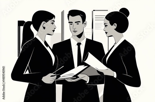 Mixed-gender legal team discussing risk assessment