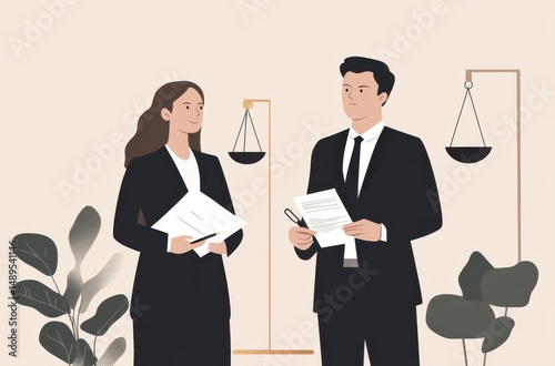 Mixed-gender legal team in mid-conversation, holding pens and