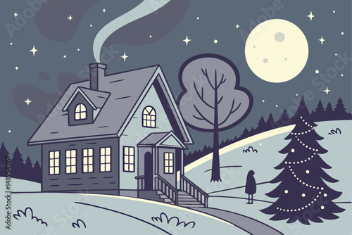 100 winter night landscape, chimney with person sitting on top, starry night sky, full moon, christmas tree, magical, cinematic, fantasy, digital art