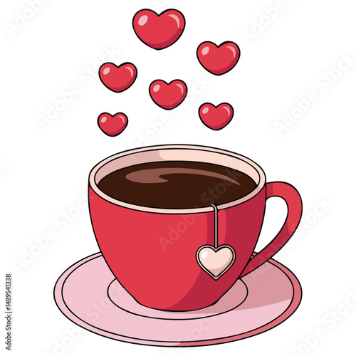 Romantic valentine teacup with heart shaped decorations isolated vector illustration on white background