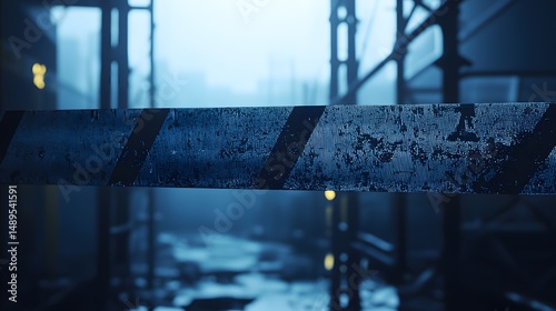 Reflective tape fluttering on scaffold crossbeam, quiet vigilance, sharp contrast tone, Cinematic Scene