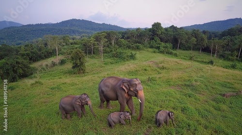 Elephant Family Frolic: Majestic Adult with Playful Calves in Lush Savannah Paradise