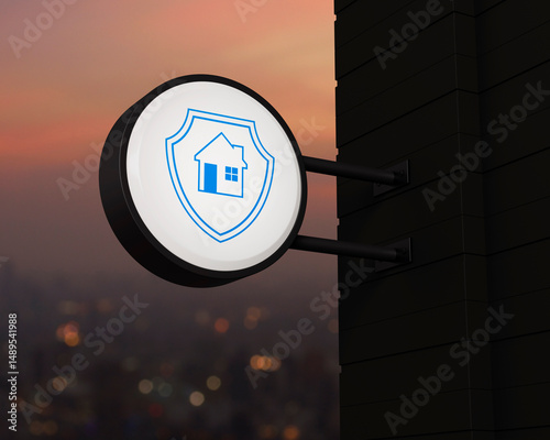 Home with shield icon on hanging black rounded signboard over blur of cityscape on warm light sundown, Business home insurance and security online concept, 3D rendering