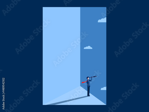 Businessman looking at future sky with telescope