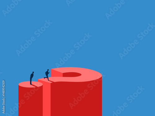 Decision making, Businessman looking at people jumping on question mark