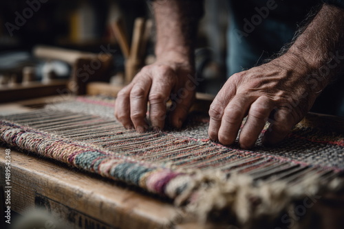 Hands weaving a rug on a loom capture the essence of craftsmanship, slow processes and the intimate connection between maker and material.

