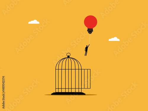 Unleash your imagination, businessman flies out of his cage with a light bulb balloon