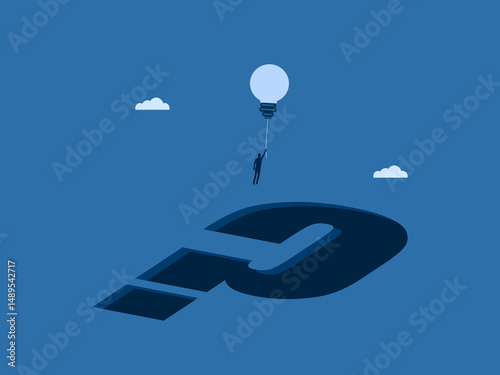 Businessman floating with light bulb balloons across the problem sign
