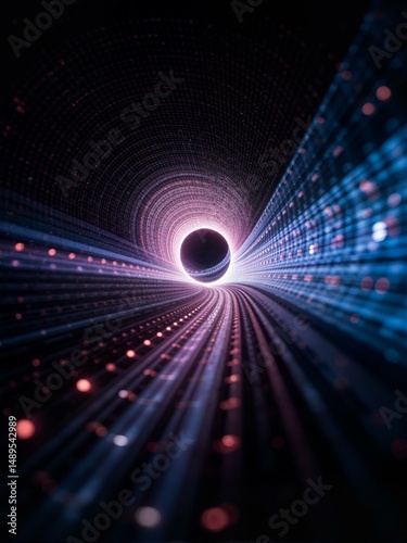A tunnel with many lights in blue and pink.