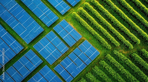 Aerial view of solar panels and plants sustainable energy and agriculture