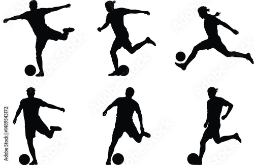 Dynamic Soccer Player Silhouette, Action Kick Pose Vector. Football Silhouette Collection, Kicks, Goals & Dribbles, Soccer Match, trikers, Goalkeepers & Fans, Retro Soccer, Running, Passing & Shooting