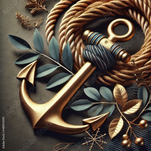 Maritime gold anchor and rope and leaves, Nautical background