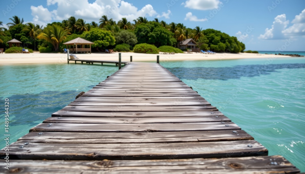 Fototapeta premium the dock on the tropical island is made of weathered wood, with planks worn smooth by years of use and exposure to sea spray and sun.