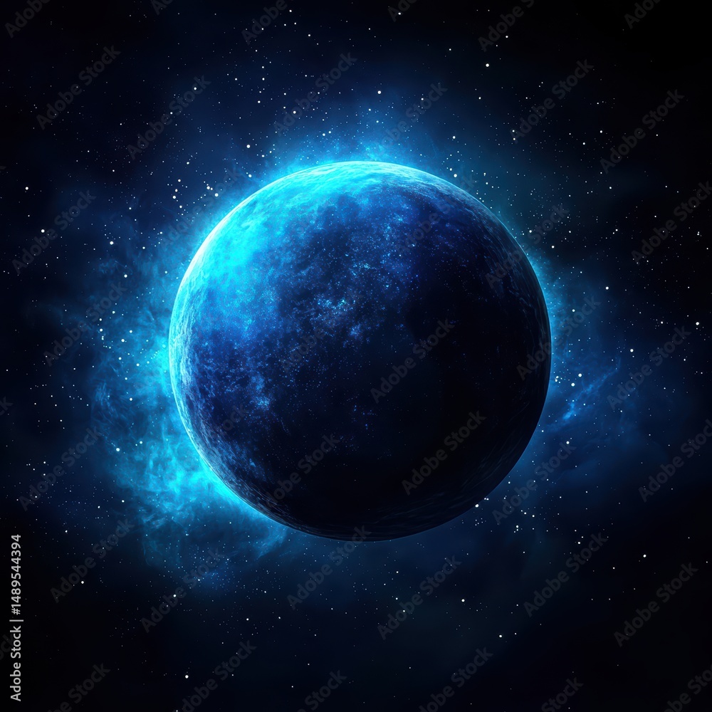 Obraz premium Mystical Blue Planet Surrounded by Cosmic Nebula in Dark Space