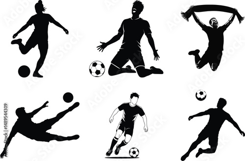 Dynamic Soccer Player Silhouette, Action Kick Pose Vector. Football Silhouette Collection, Kicks, Goals & Dribbles, Soccer Match, trikers, Goalkeepers & Fans, Retro Soccer, Running, Passing & Shooting