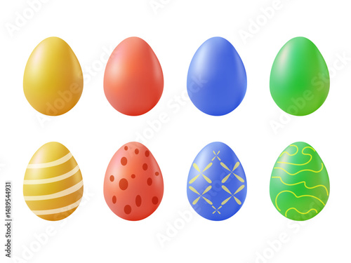 Colored Easter Eggs with different texture. Easter egg set. Colorful eggs icon collection. Easter concept. 3D rendering isolated on white background