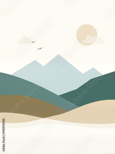 A very pretty painting of sand dunes and mountains.