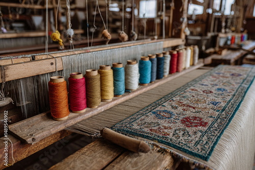 A traditional weaving loom threaded with colorful yarns reflects artisan dedication, cultural craft and the detailed rhythm of handmade textile creation.

