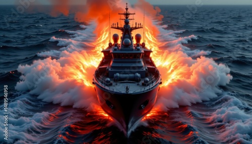 the deafening roar of the ship's engines as it reaches full throttle, powering through the waves with tremendous speed and agility.