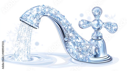 An illustration of a faucet made of crystals, dispensing water. The design has shiny embellishments and water bubbles