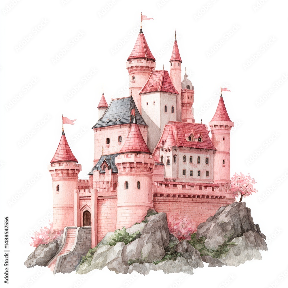 Fototapeta premium Princess Castle, Fairytale Castle, Pink Castle, Childhood, Decorative, space for text.