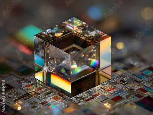 Nanoscale quantum prism splitting light in macro shot showcasing stunning nano realism optics and engineering