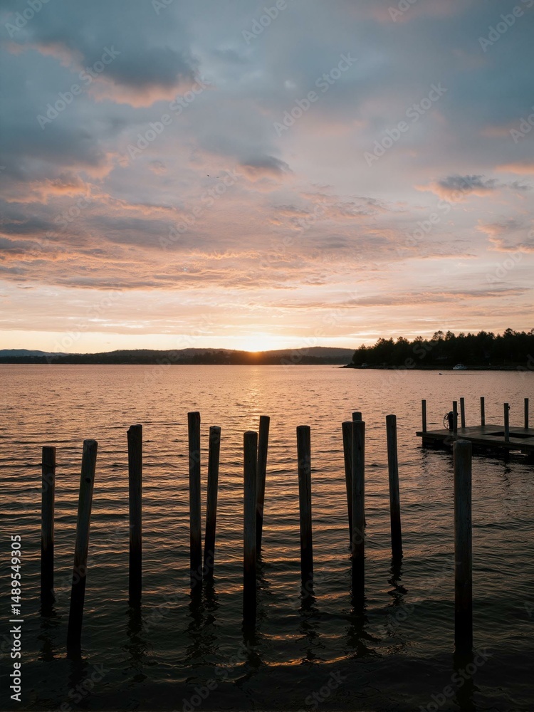 Fototapeta premium A view of water and poles at sunset.