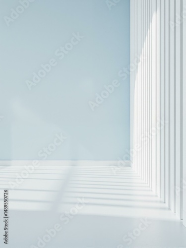 A well lit room with white and blue walls.