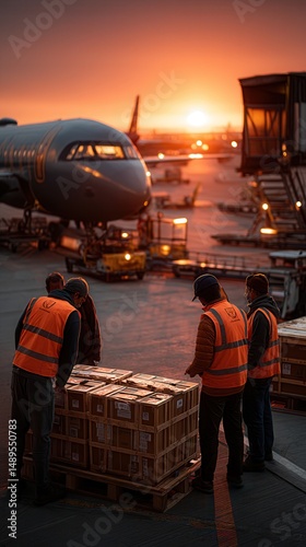 Dedicated airport ground crew handling cargo shipment on tarmac at sunset with commercial passenger aircraft and jet bridge in background, aviation logistics operations