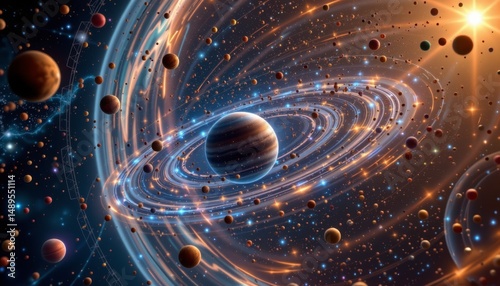 in this futuristic vision of the cosmos, clusters of stars and planets orbit gracefully within a vast star system, their gravitational forces creating a dynamic and evolving celestial dance.