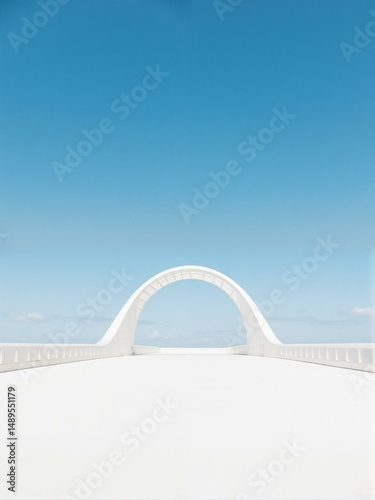 a white bridge with arches in front of blue sky.