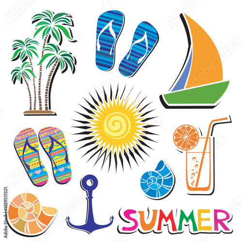 Summer icons set isolated on white background. Collection of design elements. Vector Illustration