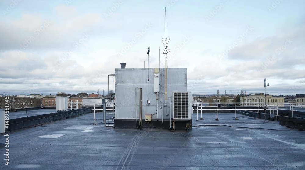 Obraz premium Rooftop with industrial equipment and antenna under overcast sky