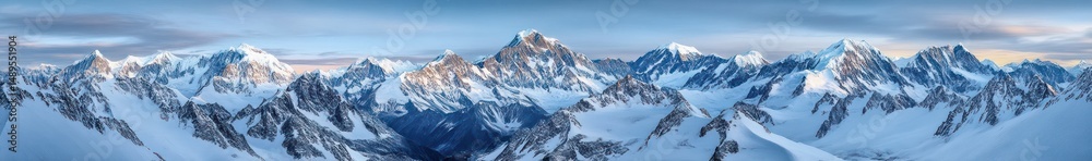 Fototapeta premium Panoramic view of a vast mountain range covered in snow under a cloudy sky during cold daylight hours