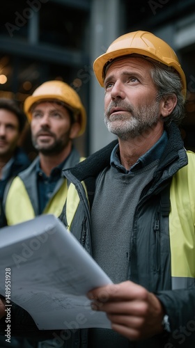 Confident caucasian male senior construction manager looking upward while holding blueprints at building site with team members in hard hats and safety vests examining structural progress