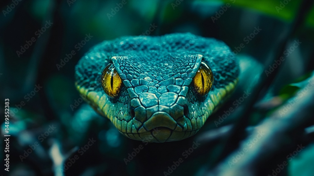 Fototapeta premium Close-up of a vibrant blue snake with striking yellow eyes, its scales and texture sharply defined against a dark, blurred background of foliage