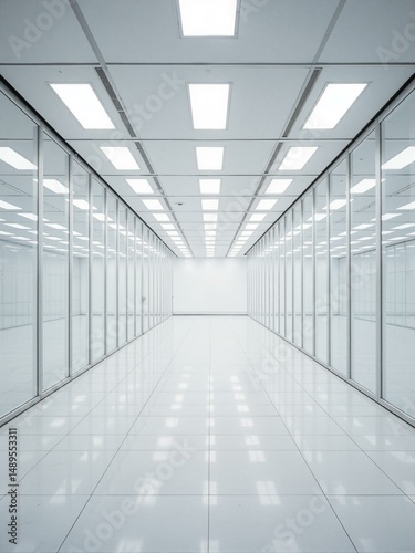 A white room with multiple glass walls and lights in ceiling.