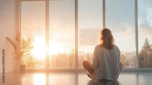 Employee casually waiting beside onboarding success poster showing milestones completed, soft backlight, photo-realistic