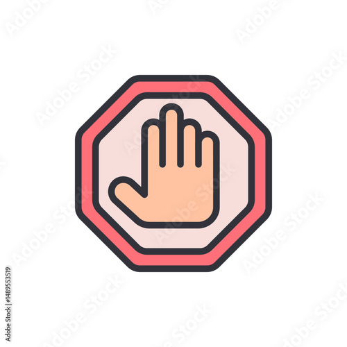 Cartoonish Stop Hand Sign With An Octagonal Symbol, Isolated Graphic
