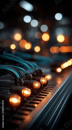 Atmospheric glowing network cables connected to illuminated server rack equipment in dark data center with bokeh city lights in background
