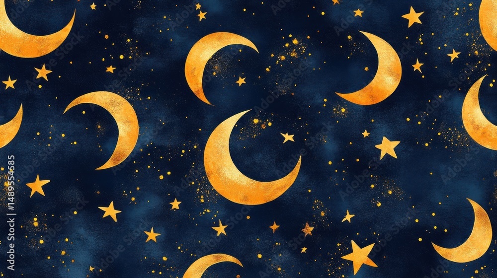 Naklejka premium Gold moons and stars night sky seamless pattern celestial design dark blue background sparkle texture