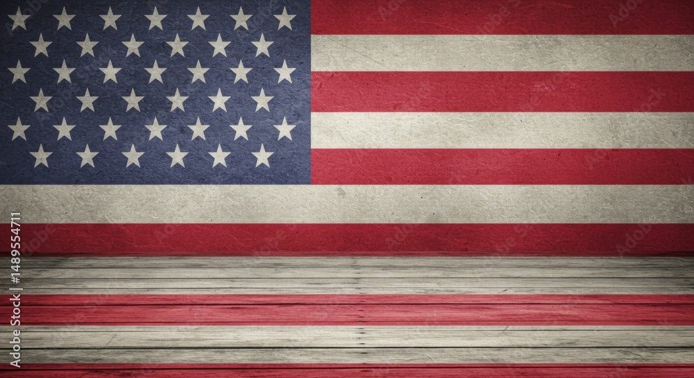 Fototapeta premium Rustic backdrop featuring the United States flag with wooden floor texture