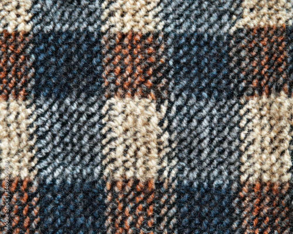 Fototapeta premium Close-up of a textured wool fabric with a checkered pattern featuring dark blue, brown, beige, and gray squares