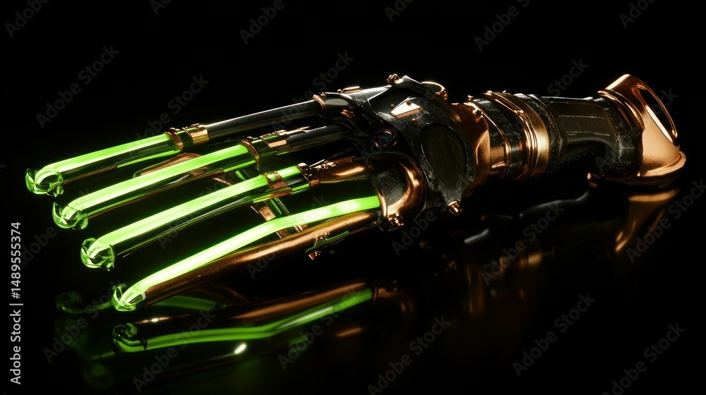 Naklejka premium Futuristic mechanical hand with glowing green accents