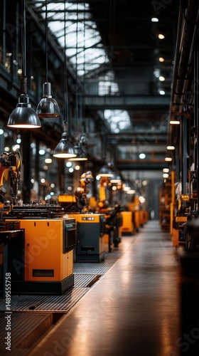 Atmospheric industrial manufacturing facility with rows of yellow machinery and hanging metal lamps in dark spacious factory with high ceiling and natural light