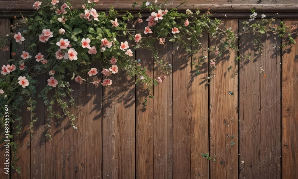 Fototapeta premium Distressed wooden fence panel, intricate vine detail, blossoming flowers, antique frame elements , fence, stock, element