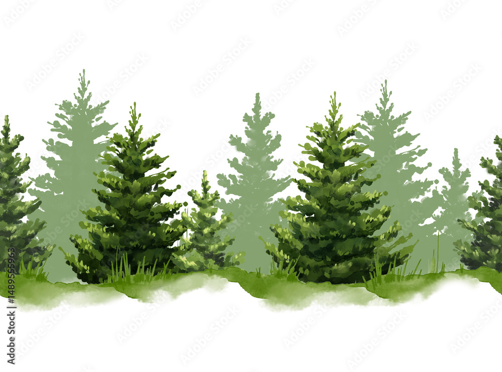 Obraz premium Watercolor Pine Forest Seamless Border Background